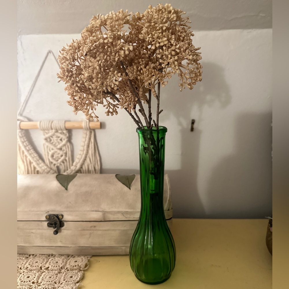 Vintage Tall Skinny Green Glass Vase with Faux Flowers